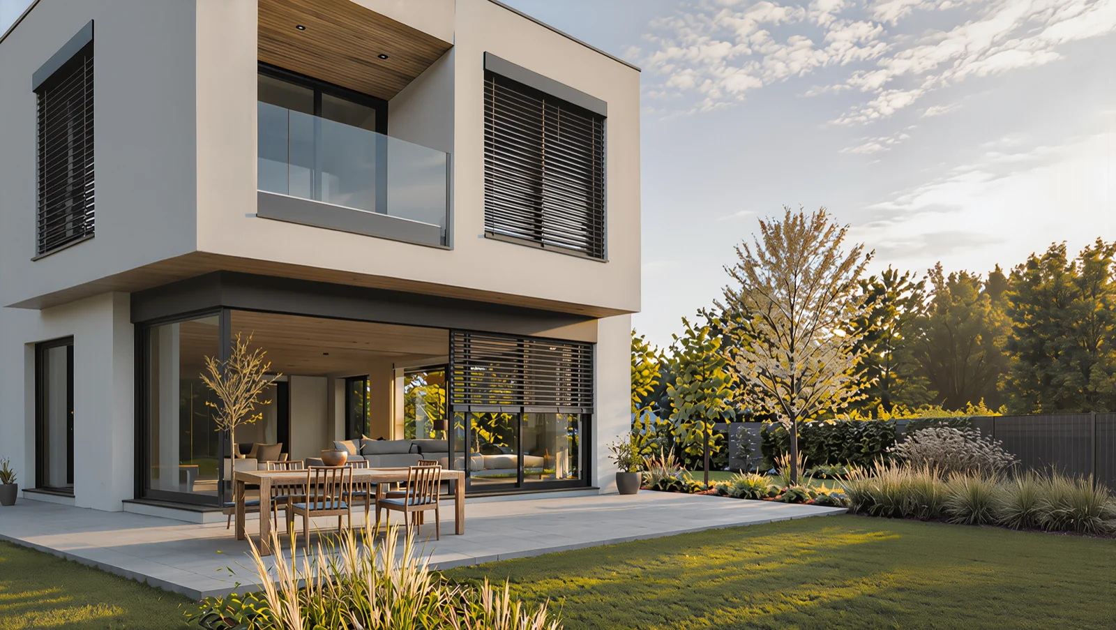 A modern two-storey house at golden hour, fitted with external venetian blinds, with a paved terrace, dining set and landscaped garden